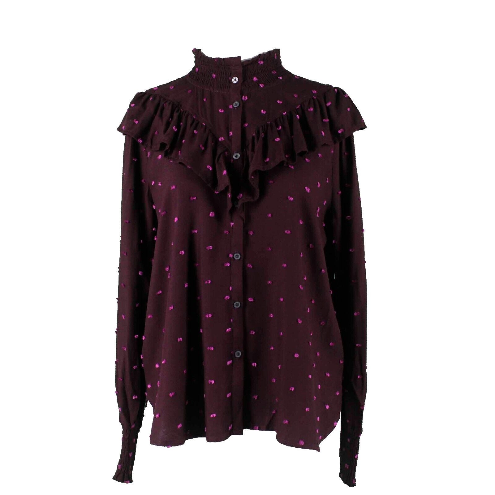 Loft NEW $70 Sz S Purple Pink Fuzzy Dots Button Up Ruffle High Neck Rayon Top