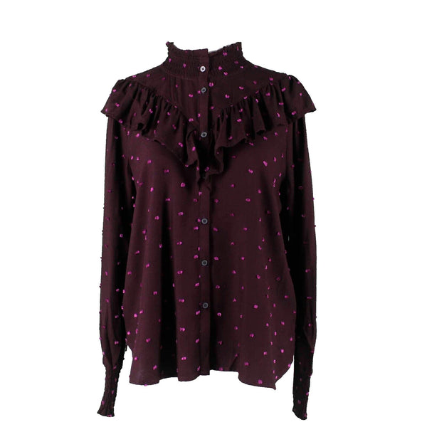 Loft NEW $70 Sz S Purple Pink Fuzzy Dots Button Up Ruffle High Neck Rayon Top