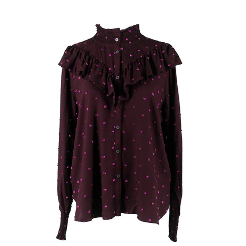 Loft NEW $70 Sz S Purple Pink Fuzzy Dots Button Up Ruffle High Neck Rayon Top