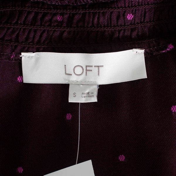 Loft NEW $70 Sz S Purple Pink Fuzzy Dots Button Up Ruffle High Neck Rayon Top