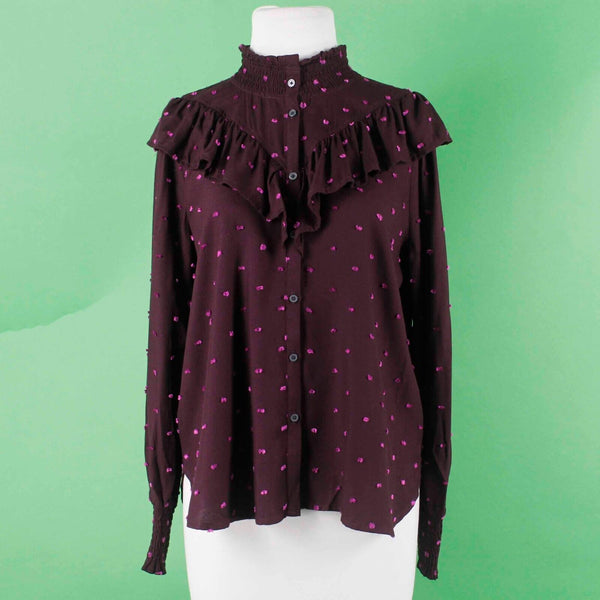 Loft NEW $70 Sz S Purple Pink Fuzzy Dots Button Up Ruffle High Neck Rayon Top