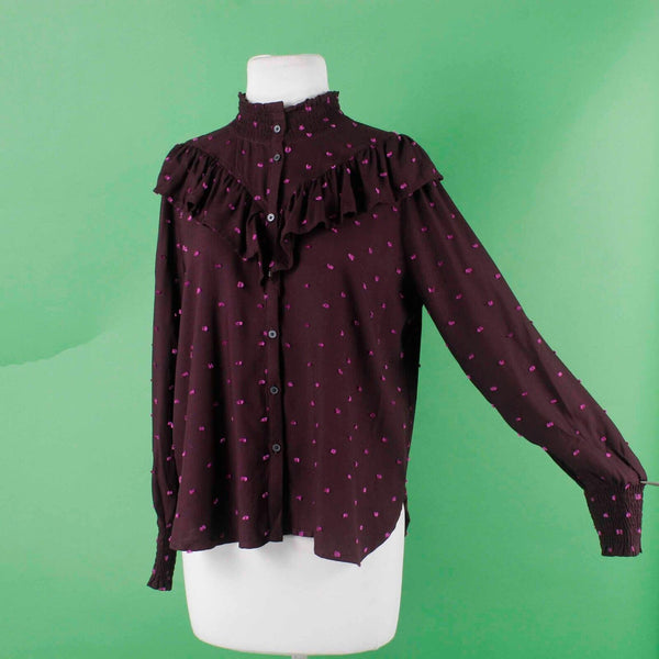 Loft NEW $70 Sz S Purple Pink Fuzzy Dots Button Up Ruffle High Neck Rayon Top