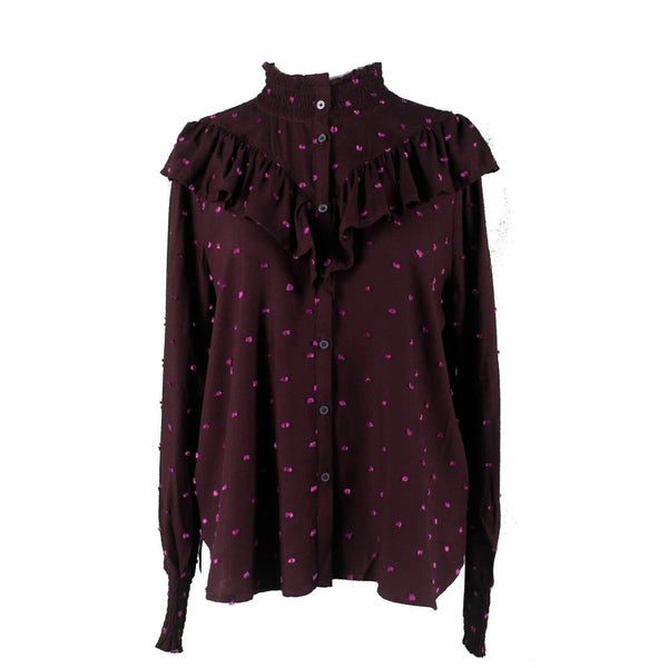 Loft NEW $70 Sz S Purple Pink Fuzzy Dots Button Up Ruffle High Neck Rayon Top
