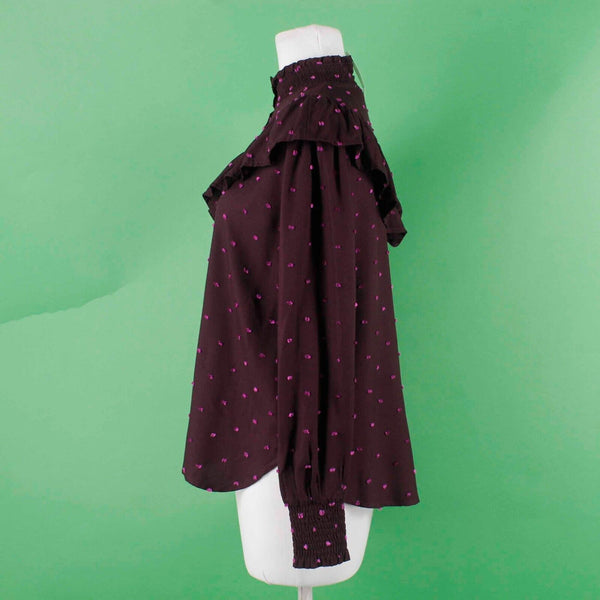 Loft NEW $70 Sz S Purple Pink Fuzzy Dots Button Up Ruffle High Neck Rayon Top