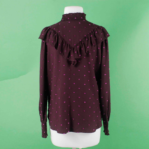 Loft NEW $70 Sz S Purple Pink Fuzzy Dots Button Up Ruffle High Neck Rayon Top