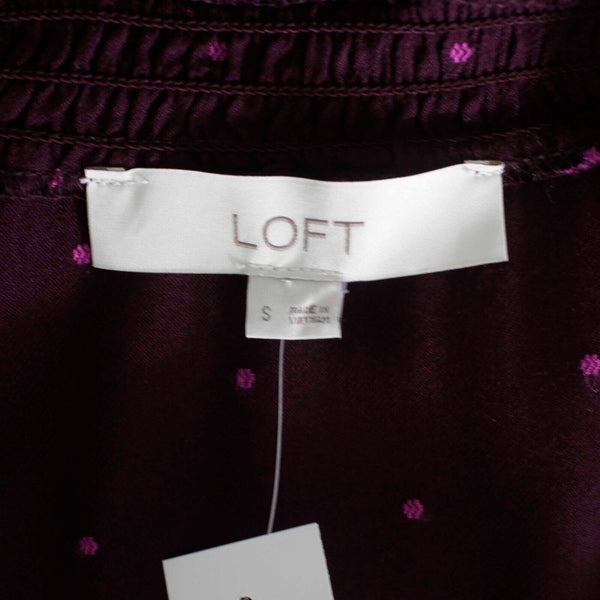 Loft NEW $70 Sz S Purple Pink Fuzzy Dots Button Up Ruffle High Neck Rayon Top