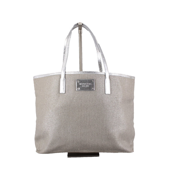 Michael Kors Purse 18 x 12 x 6 Silver Tan Side Pocket 100% Cotton Pu Trim Purse