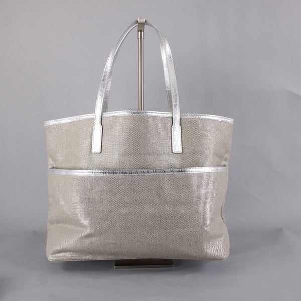Michael Kors Purse 18 x 12 x 6 Silver Tan Side Pocket 100% Cotton Pu Trim Purse
