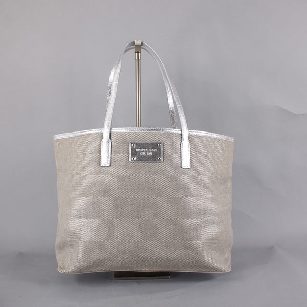 Michael Kors Purse 18 x 12 x 6 Silver Tan Side Pocket 100% Cotton Pu Trim Purse