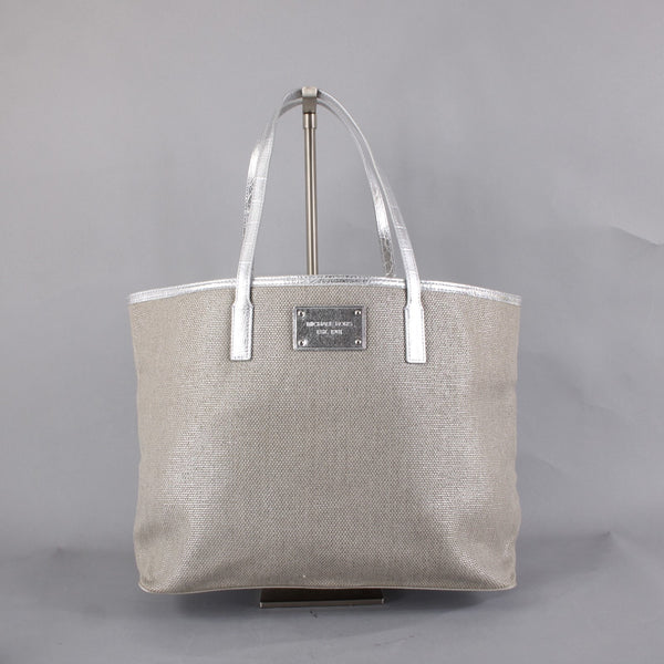 Michael Kors Purse 18 x 12 x 6 Silver Tan Side Pocket 100% Cotton Pu Trim Purse