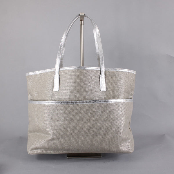 Michael Kors Purse 18 x 12 x 6 Silver Tan Side Pocket 100% Cotton Pu Trim Purse