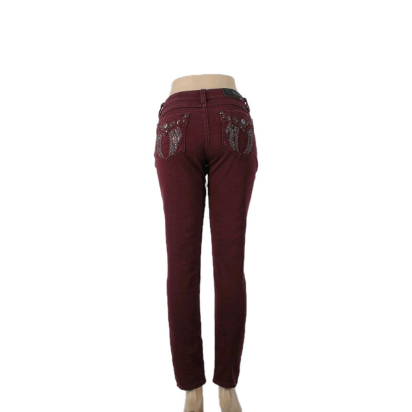 Miss Me Jeans Signature Sz 30 x 30 Burgundy Red Rhinestones Skinny Cotton Jeans