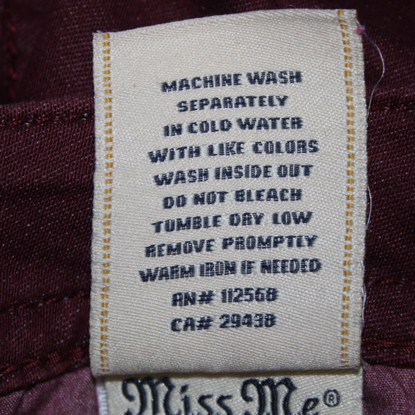 Miss Me Jeans Signature Sz 30 x 30 Burgundy Red Rhinestones Skinny Cotton Jeans