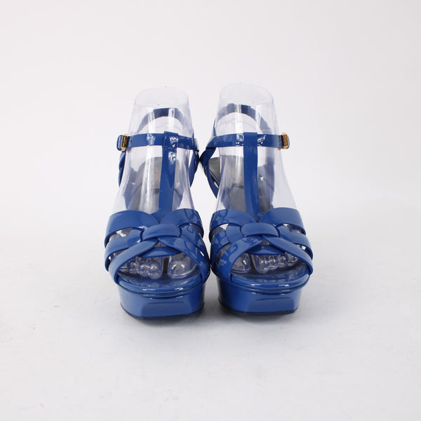Saint Laurent YSLHeels Sz 37.5 Royal Blue Strappy Patent Leather 4" Heels