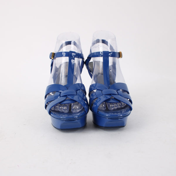 Saint Laurent YSLHeels Sz 37.5 Royal Blue Strappy Patent Leather 4" Heels