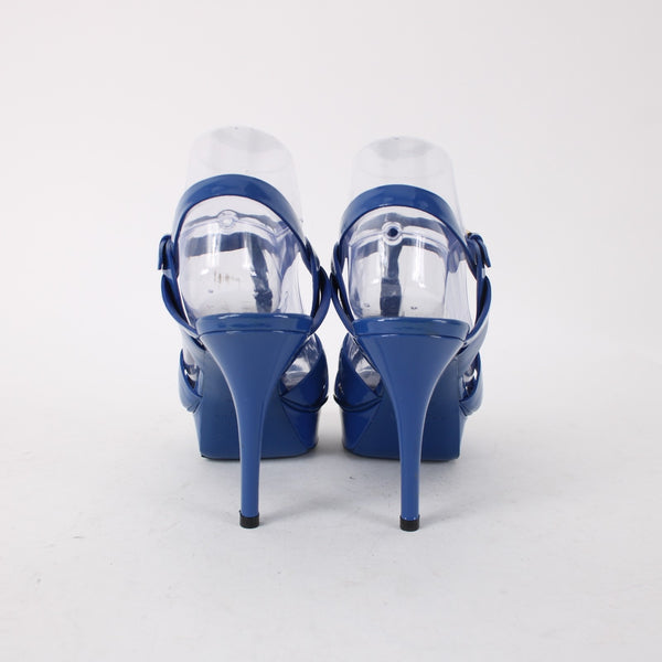 Saint Laurent YSLHeels Sz 37.5 Royal Blue Strappy Patent Leather 4" Heels