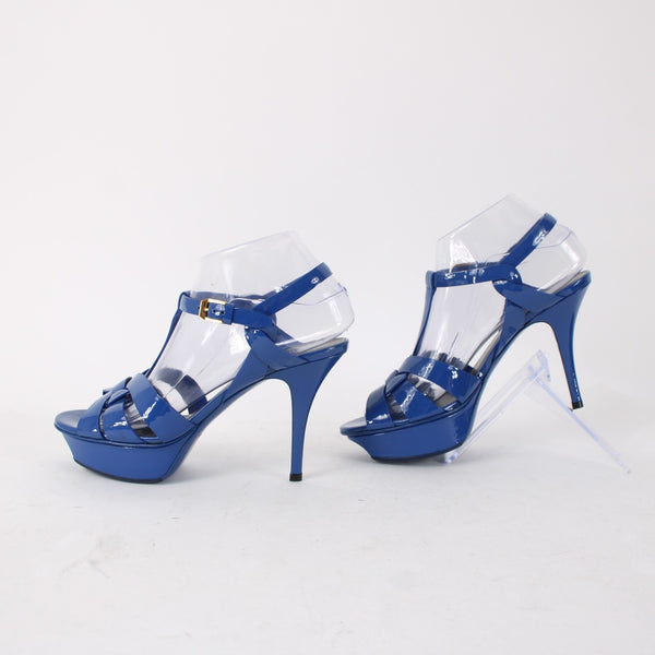 Saint Laurent YSLHeels Sz 37.5 Royal Blue Strappy Patent Leather 4" Heels