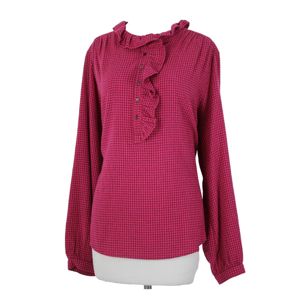 Xirena NEW $85 Sz M Pink Purple Ruffle Buttons Long Sleeve Cotton Viscose Top