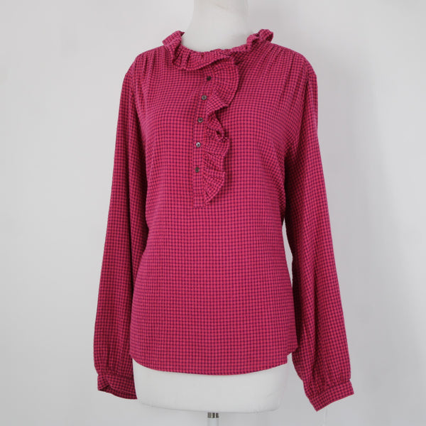 Xirena NEW $85 Sz M Pink Purple Ruffle Buttons Long Sleeve Cotton Viscose Top