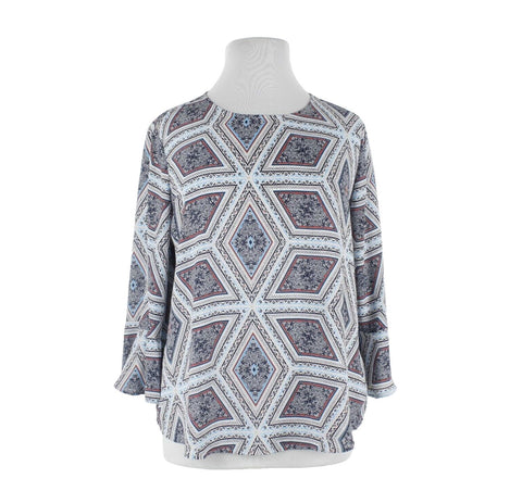 Charter Club Sz XL Navy Blue White Multi Pullover Ruffle Sleeve 100% Poly Top