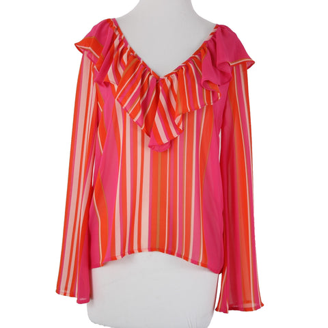 Flying Tomato Sz S Pink Orange Multi Color Ruffles V Neck Sheer 100% Poly Top