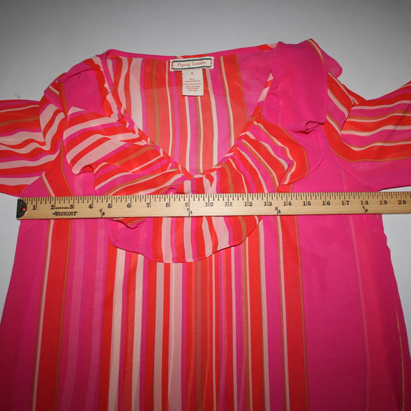 Flying Tomato Sz S Pink Orange Multi Color Ruffles V Neck Sheer 100% Poly Top