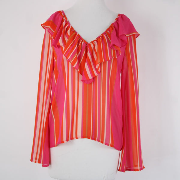 Flying Tomato Sz S Pink Orange Multi Color Ruffles V Neck Sheer 100% Poly Top