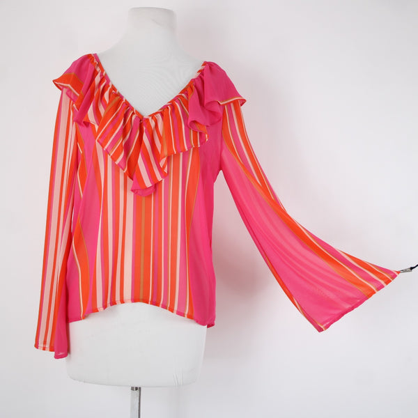 Flying Tomato Sz S Pink Orange Multi Color Ruffles V Neck Sheer 100% Poly Top