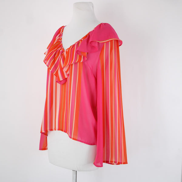 Flying Tomato Sz S Pink Orange Multi Color Ruffles V Neck Sheer 100% Poly Top