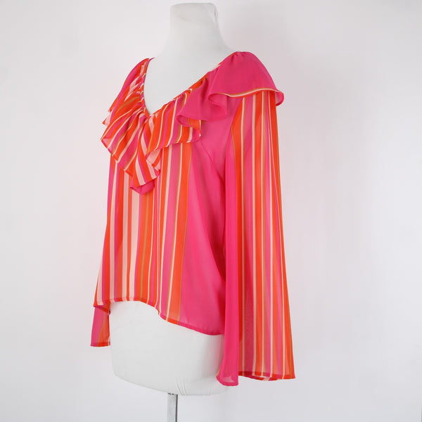 Flying Tomato Sz S Pink Orange Multi Color Ruffles V Neck Sheer 100% Poly Top
