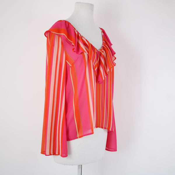 Flying Tomato Sz S Pink Orange Multi Color Ruffles V Neck Sheer 100% Poly Top