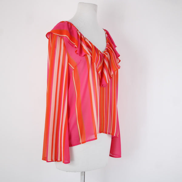 Flying Tomato Sz S Pink Orange Multi Color Ruffles V Neck Sheer 100% Poly Top