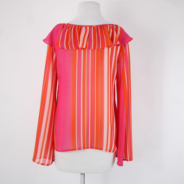 Flying Tomato Sz S Pink Orange Multi Color Ruffles V Neck Sheer 100% Poly Top