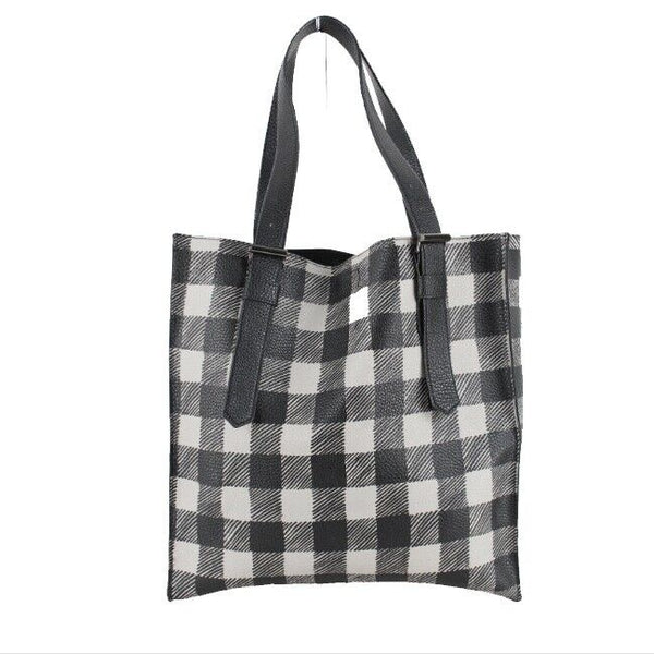 REED 14 x 13.5 Gray Black Check Vegan Tote Purse
