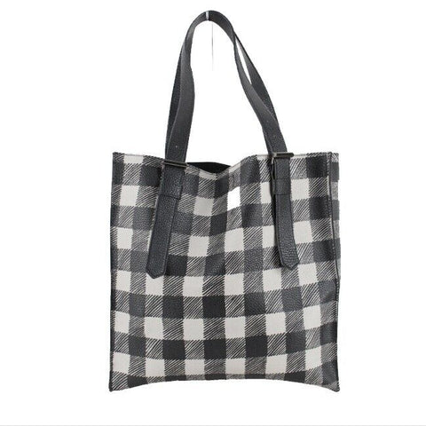 REED 14 x 13.5 Gray Black Check Vegan Tote Purse