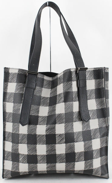 REED 14 x 13.5 Gray Black Check Vegan Tote Purse