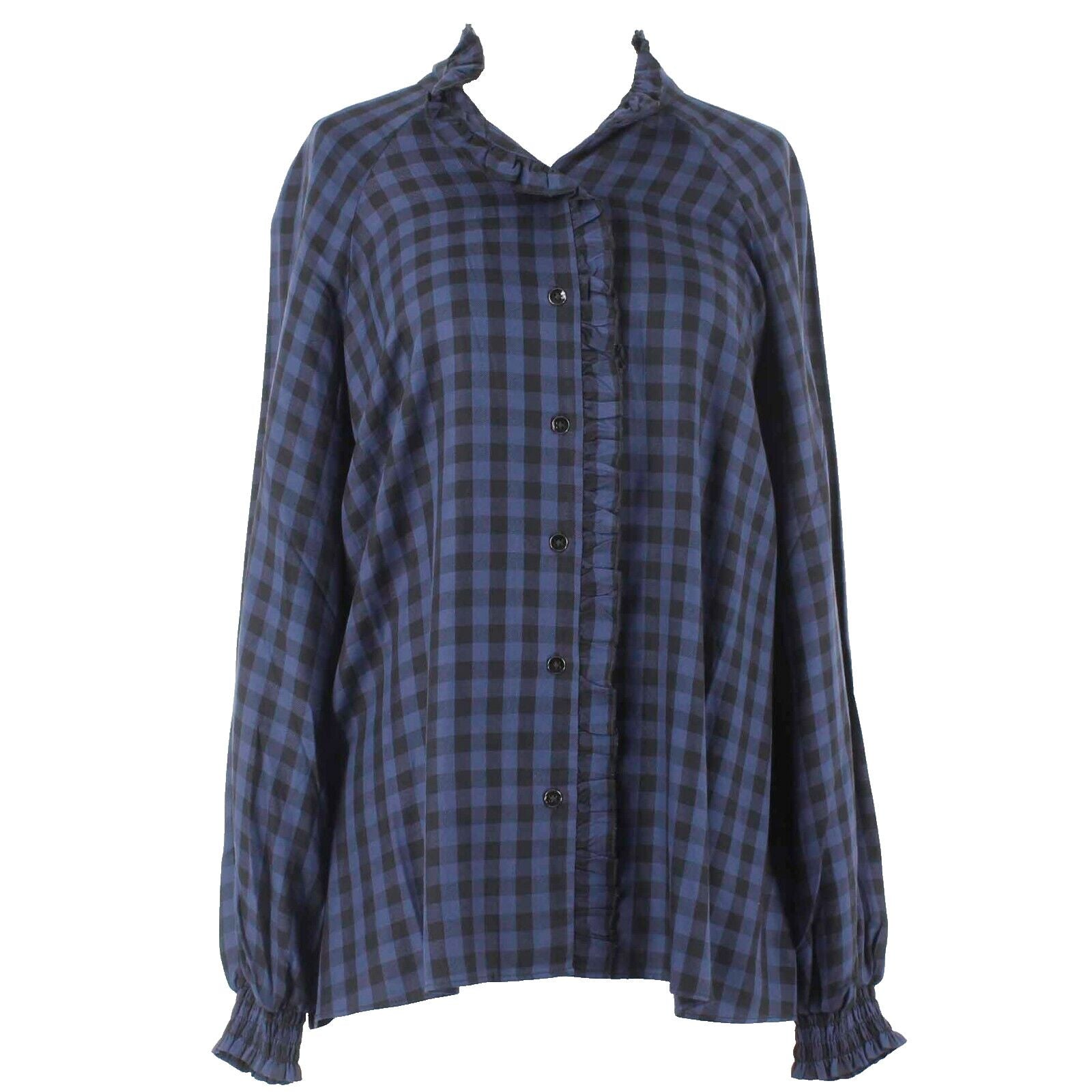 Cabi Sz S Navy Black Collared Button Down Checkered 100% Rayon Top