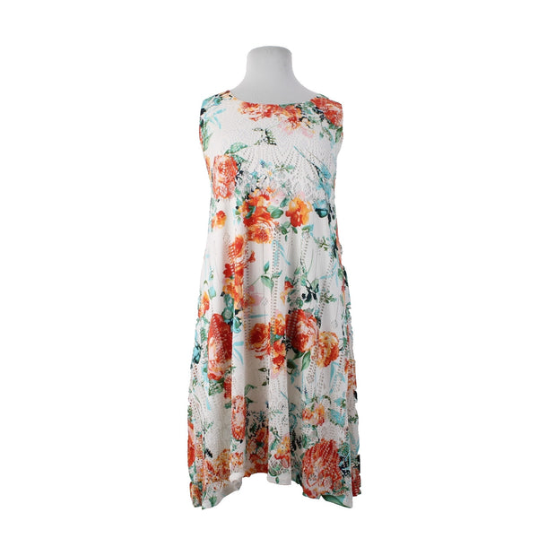 One World Dress NEW Sz 14? White Orange Multi Floral Mesh Poly Dress