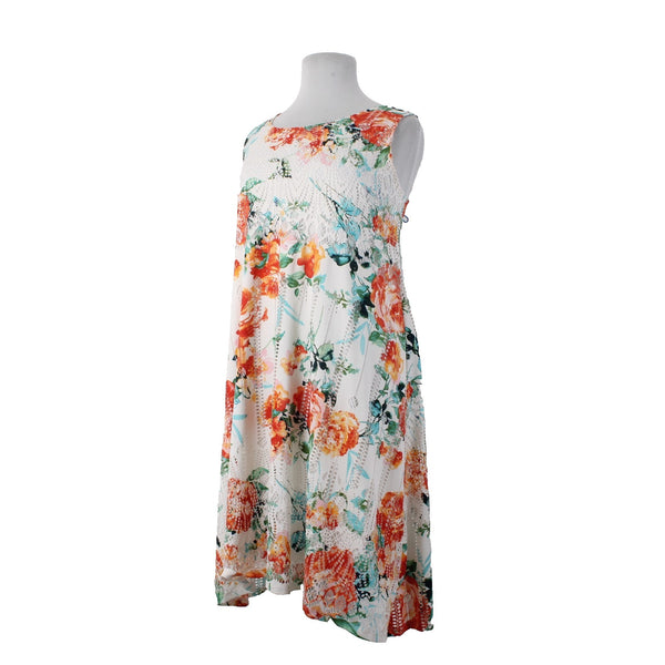 One World Dress NEW Sz 14? White Orange Multi Floral Mesh Poly Dress