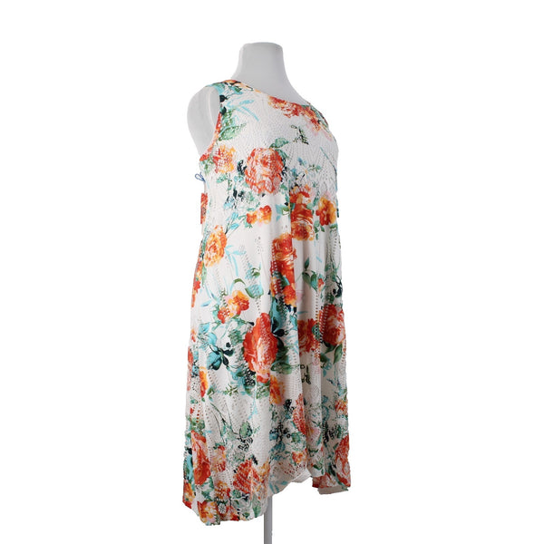 One World Dress NEW Sz 14? White Orange Multi Floral Mesh Poly Dress