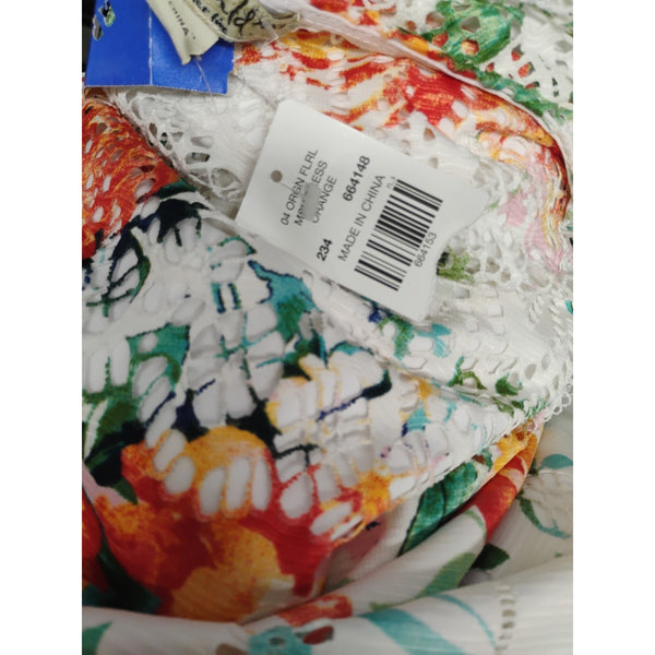 One World Dress NEW Sz 14? White Orange Multi Floral Mesh Poly Dress