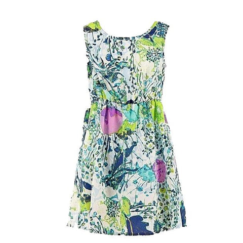 Mia Chica XXS/4 Blue Green Cream Multi Polyester Open Back Girls Dress