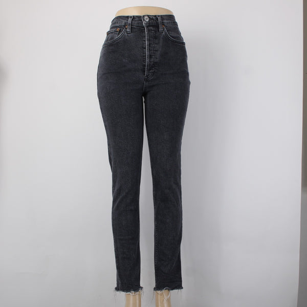 Re/Done Jeans Sz 28 x 29 Charcoal Denim Pockets Skinny Leg Raw Hem Cotton Jeans