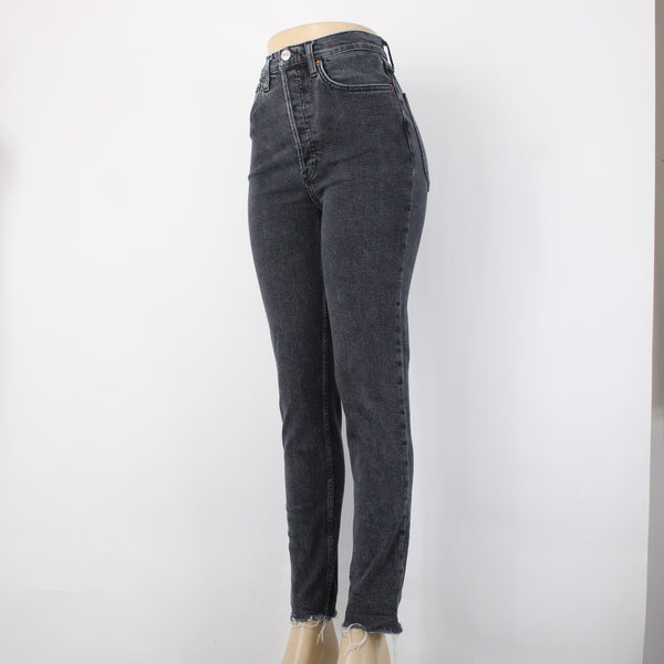 Re/Done Jeans Sz 28 x 29 Charcoal Denim Pockets Skinny Leg Raw Hem Cotton Jeans