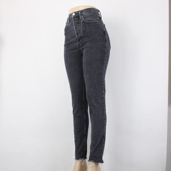 Re/Done Jeans Sz 28 x 29 Charcoal Denim Pockets Skinny Leg Raw Hem Cotton Jeans