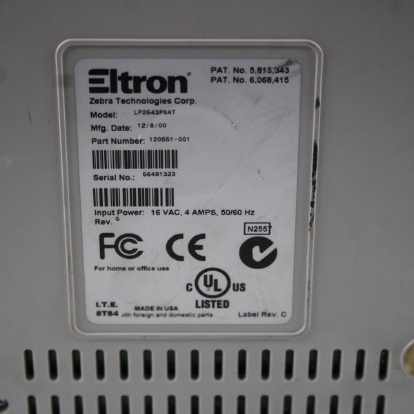 Zebra Eltron LP2543PSAT Input 16 Vac 4 Amps 50/60 Hz AS IS Label Thermal Printer
