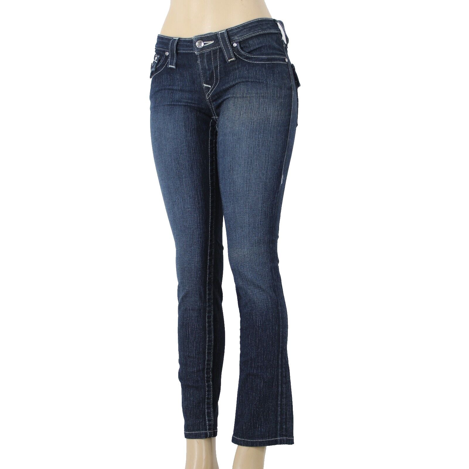 True Religion Slim Straight Sz 26 Dark Denim Rhinestone Accent Horseshoe Jeans