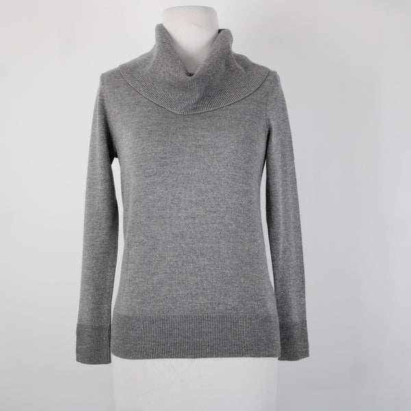 Talbots Sz P Gray Silver Metallic Turtleneck Long Sleeve Merino Wool Poly Top