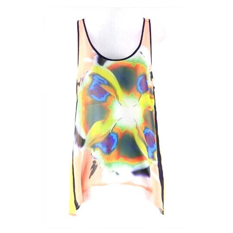Dream Daily Sz S Peach Yellow Navy Multi Hi Lo Racerback Polyester Top