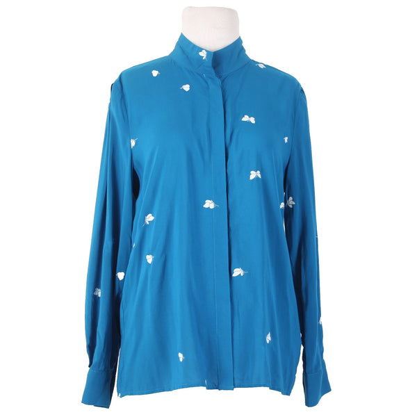 Galeries Lafayette Top NEW Sz 36 Blue White Butterflies Collar 100% Viscose Top